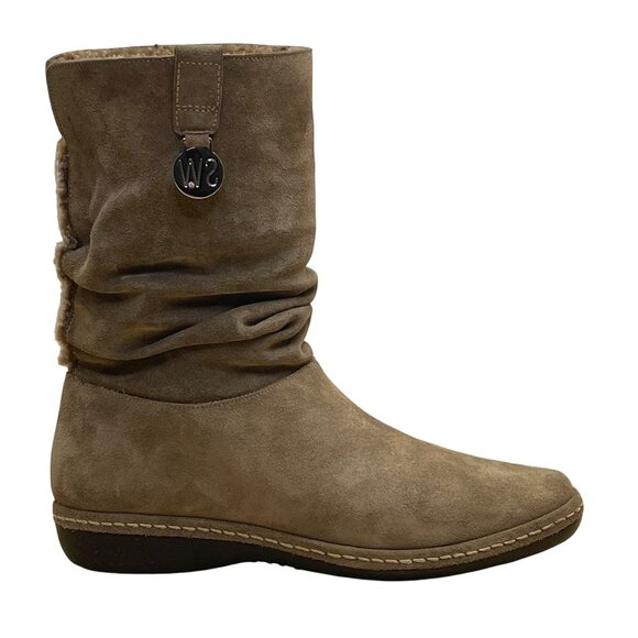 Stuart Weitzman Women’s Taupe Suede Mid-Calf Slouch Slip-On Coinage Boots Size 7 - Picture 1 of 12